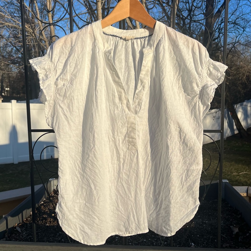 Pilcro Women’s White 100% Linen Split Neck Cap Short Sleeve Blouse Size L Boho
